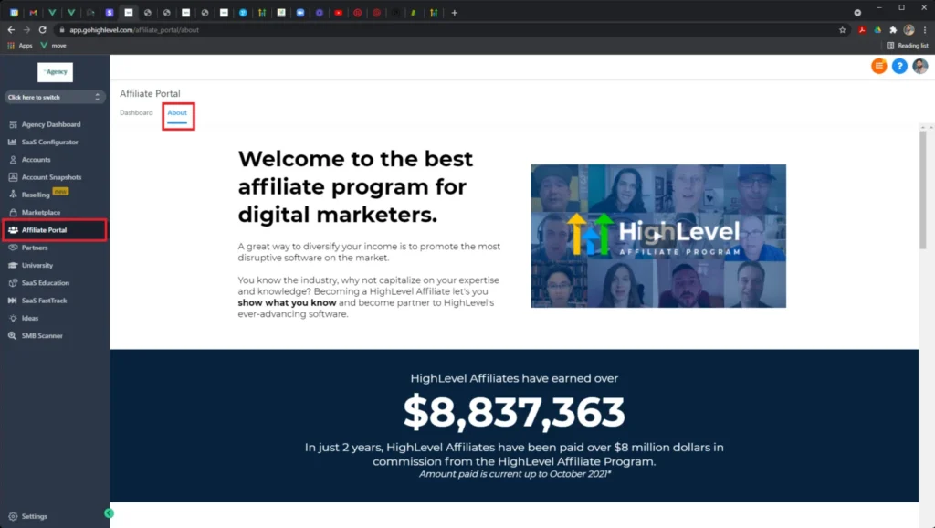 Affiliate and referral marketing system dashboard showing performance and commissions – a key feature covered in Go High Level Review.